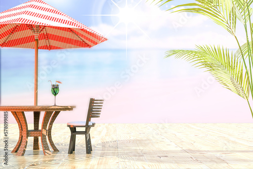 Tropical beach with wooden table and chair  umbrella and summer cocktail. Spring time. Vacations and travel destination. 3d render