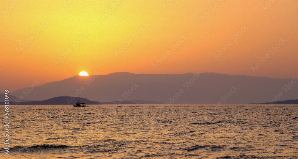 Fishing boat on sea with clear sky, minimalist concept. Oil painting illustration image can be used as large printed canvas, website banner, social media post. Blank copy space for advertising texts.