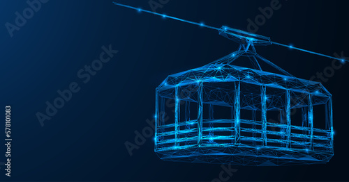 Cable car, observation cabin on a stretched cable. Low-poly design of interconnected lines and dots. Blue background.