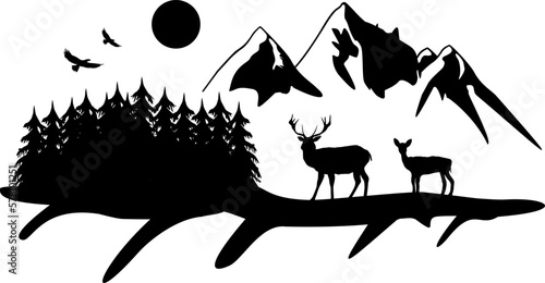 Silhouette Natur mit schöner Landschaft - Wildnis mit Hirsch, Reh und Adler