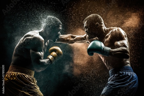 Fotografia Two boxers fighting on a dark and epic background with splashes of sweat, genera