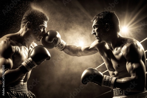 A boxer punching his opponent in an epic, smoky ring, black and white, generative ai