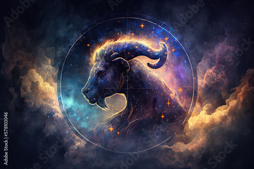 Aries astrological zodiac sign in front of a space nebula. Generative AI
