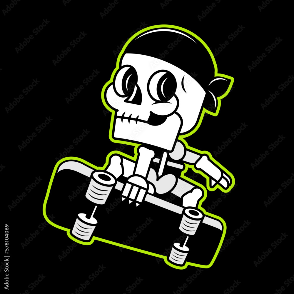 Cool youth skateboarding authentic retro street emblem with skull in baseball cap and skateboard. Grunge worn texture on separate layer.