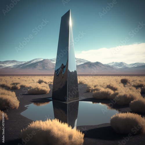 A ventablack and glossy obelisk in a desolate alien landscape, absolute zero landscape, minimalist.