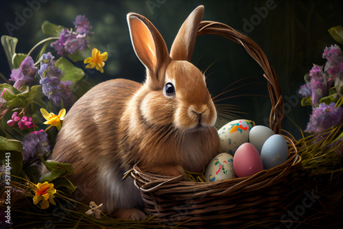 A cute fluffy rabbit sits near a basket with Easter eggs. AI Generated