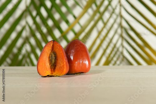 Chontaduro (Bactris gasipaes)Slices of the tropical exotic fruit of the palm Bactris gasipaes.Chontaduro with salt photo