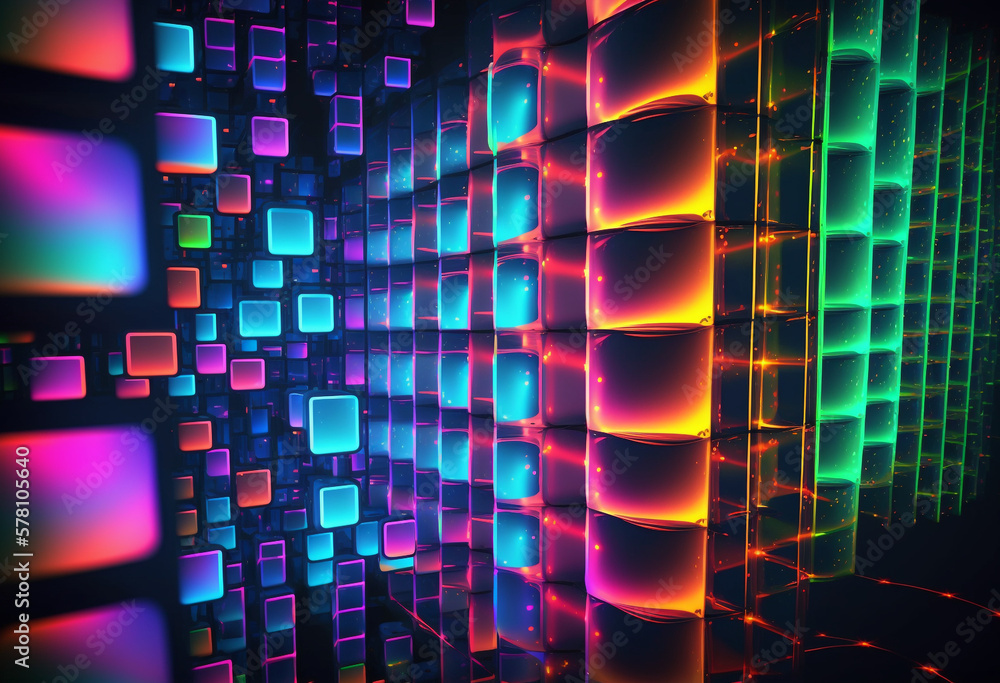 Obraz premium Ai-Generated Psychedelic Render of Vibrant, Colorful, Rainbow Lights Illuminating a Modern Geometric Artwork