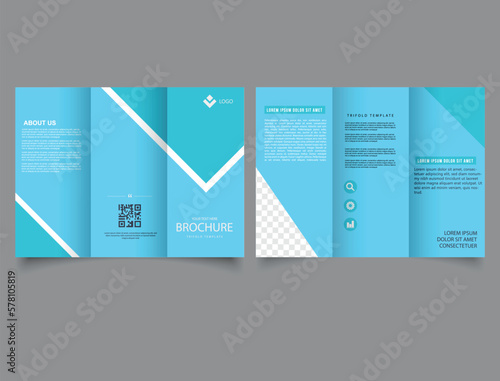 Blue trifold brochure. For business. Vector editable template.