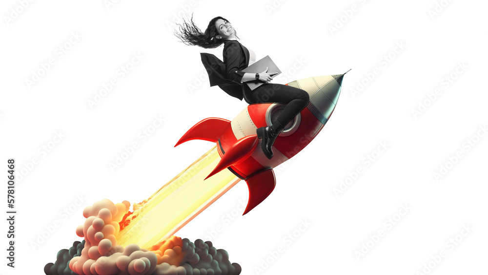 Art collage.  Launch of a red rocket with a smiling business woman. on isolated PNG Background. Successful start up concept. Leadership, leading to success or business vision concept - obrazy, fototapety, plakaty 
