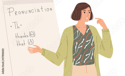 English teacher shows how to pronounce sounds correctly. Foreign language lesson