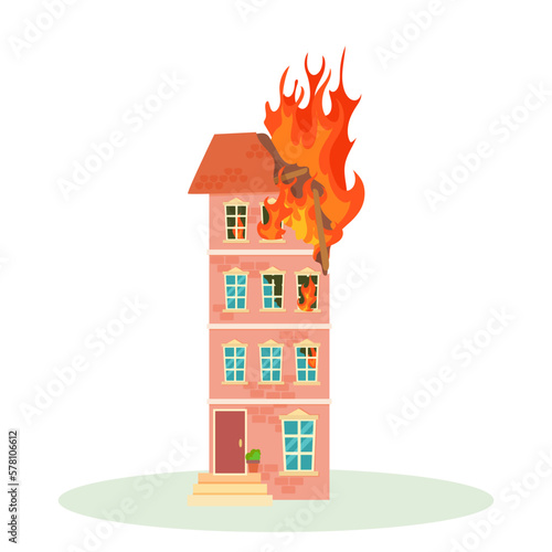Fire. The destroyed building is on fire. Ruined city buildings after the war. Damaged city with old broken dilapidated housing. Vector illustration isolated on white background.