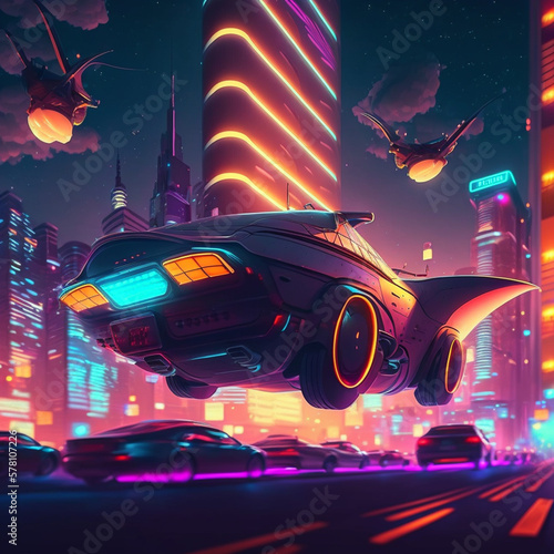 Futuristic cityscape, flying cars dart through the night, with neon lights shimmering in the air. AI