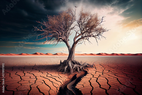 Lonely dry tree in the desert. AI generated