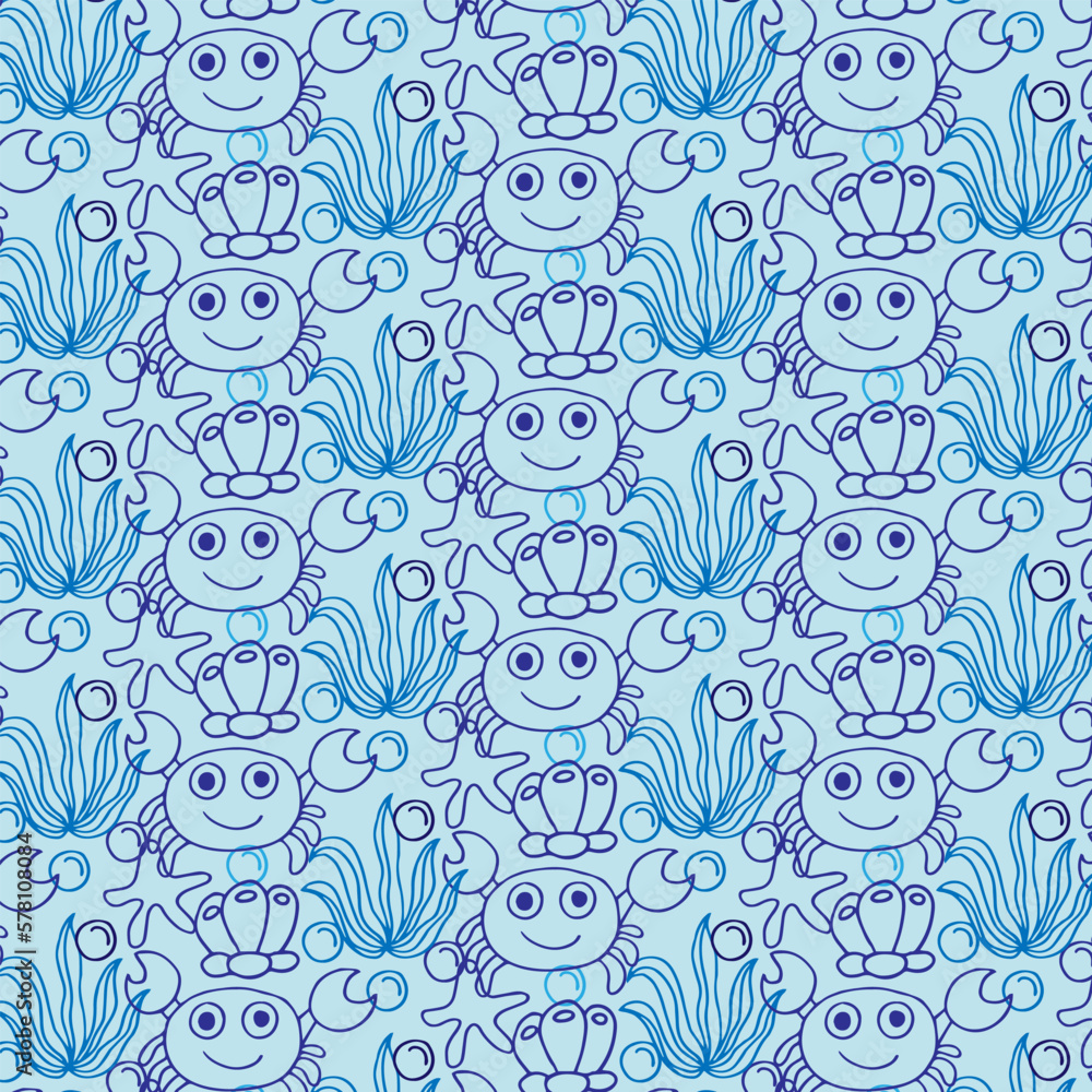 Cute kids crab pattern for girls and boys. Colorful crab on the abstract bright pattern create a fun cartoon drawing. The background is made in colors. Urban crab pattern for textile Cute kids crab pattern for girls and boys. Colorful crab on the abstract bright pattern create a fun cartoon drawing. The background is made in colors. Urban crab pattern for textile