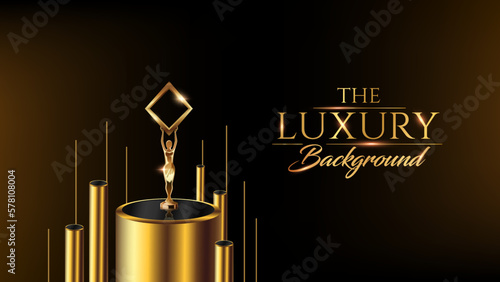 Black Golden Awards Background. Product Display on podium with trophy. Side Corner Dotted Wave. Luxury Background. Modern Abstract Template Design. Fashion World Graphics. Disco Retro Style Look. 