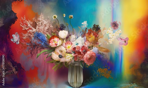  a painting of flowers in a vase against a colorful background. generative ai
