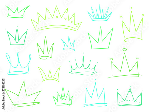 Set of abstract crowns on isolated white. Signs for design. Hand drawn simple objects. Line art. Colorful illustration. Sketchy elements for posters and flyers