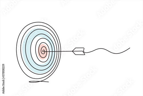 Continuous one line drawing of arrow on target circle.Target bullseye or arrow on target. The business grows according to the goals set. Business market concept. 