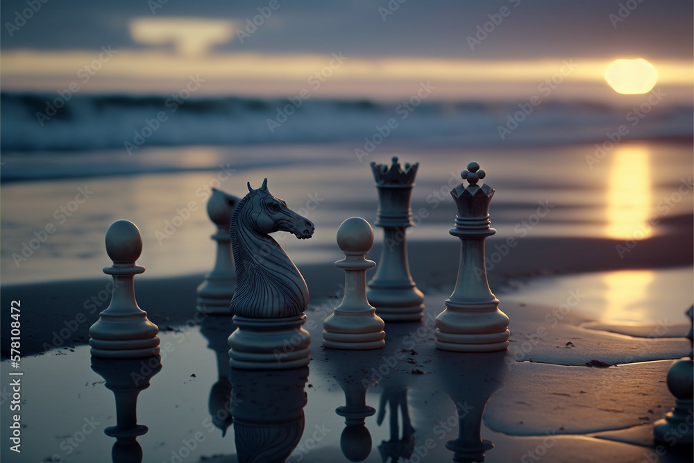 Wood chess on the beach in the early morning sunset, Generative AI