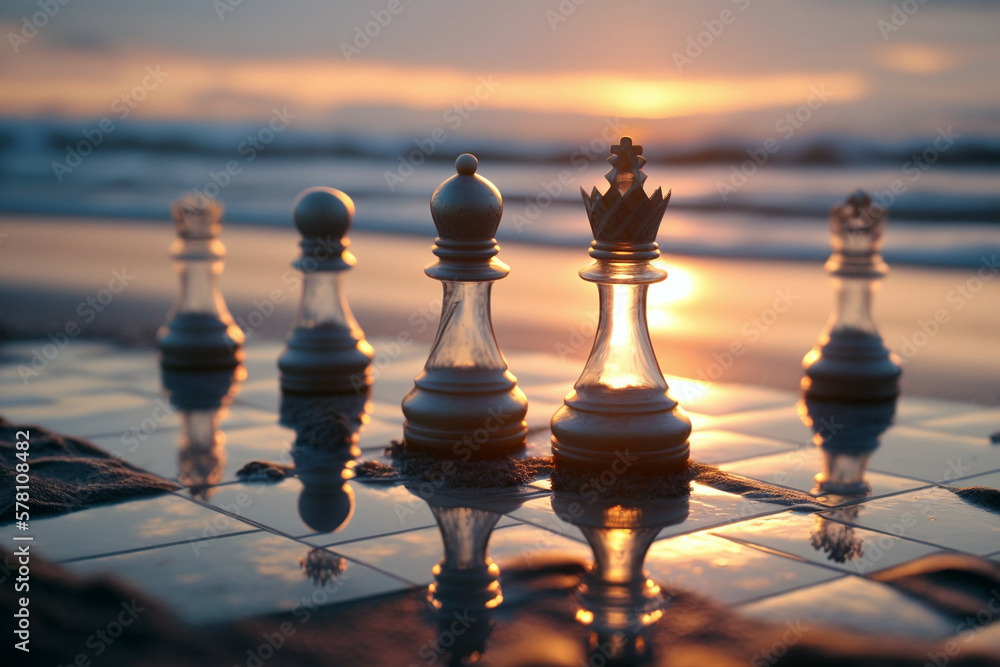 Glass chess on the beach in the early morning sunset, Generative AI