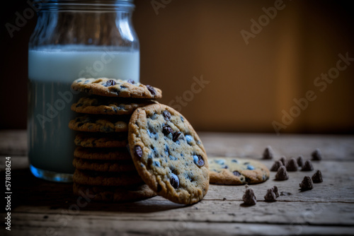 Foto Chocolate chip cookies and a jar of milk