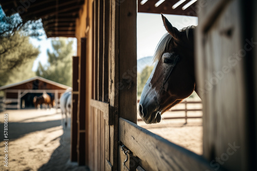 A horse looking through a fence in a stable