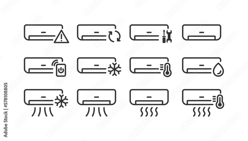 Air conditioner icon set. Icons for business, ui. Climate control symbol. Air cooler, humidity, repair, error, flow. Outline, flat and colored style. Flat design. Vector illustration. Air conditioner icon set. Icons for business, ui. Climate control symbol. Air cooler, humidity, repair, error, flow. Outline, flat and colored style. Flat design. Vector illustration.