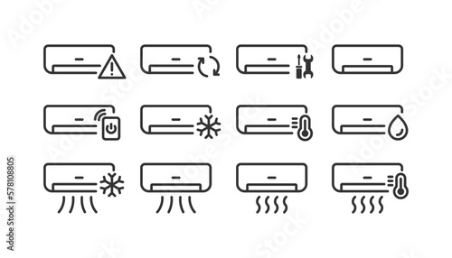 Air conditioner icon set. Icons for business, ui. Climate control symbol. Air cooler, humidity, repair, error, flow. Outline, flat and colored style. Flat design. Vector illustration.