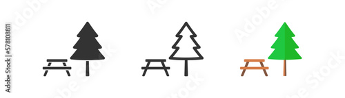 Outside area icon on light background. Picnic symbol. Backyard, rest area road sign, terrace. Outline, flat and colored style. Flat design. Vector illustration.