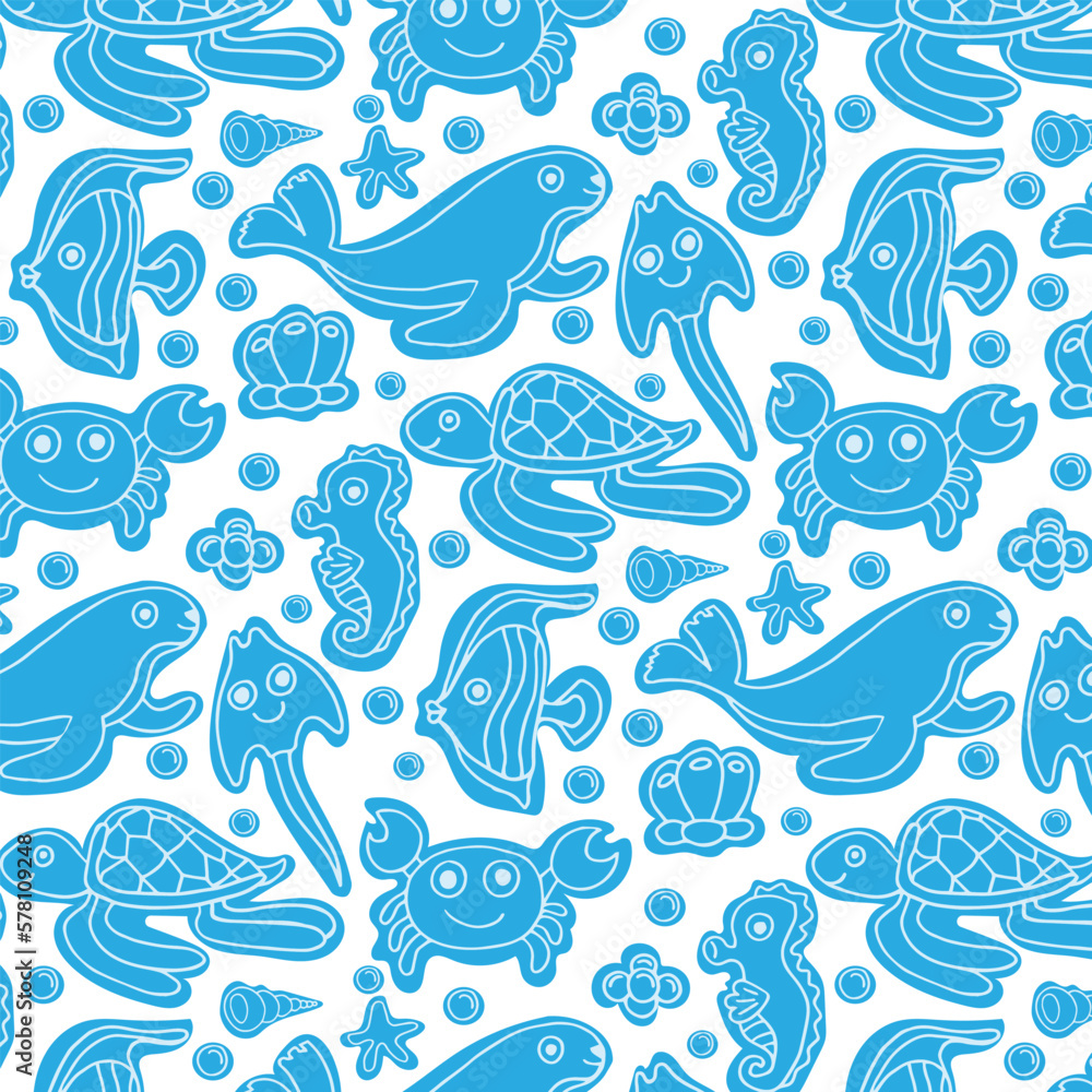 Vector seamless pattern. Sea, sea animals and fish. Ideal for textile, paper and souvenir products.