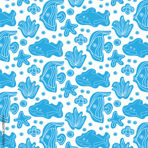 Vector seamless pattern. Sea, sea animals and fish. Ideal for textile, paper and souvenir products. © Rina Design