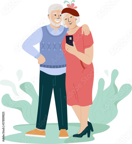 Elderly couple taking selfie. Cheerful grandparents having summer vacation together. Flat vector cartoon illustration of an elderly woman using smartphone to take self-portrait for partners.