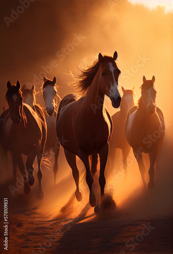 A herd of horses runs in the rays of sunset. AI generated