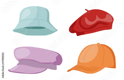 Cartoon hats. Women's and men's hats, panama, beret, cap and beret with a visor. Summer women's vintage fashion hats