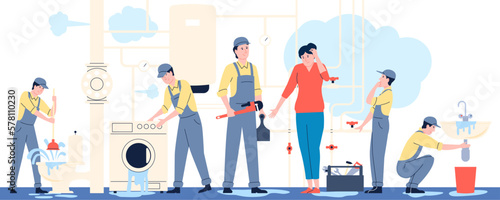 Plumber service at home. Woman has a toilet and bathroom problems, cartoon plumbers repair pipe. Flat handyman helps female recent vector scene