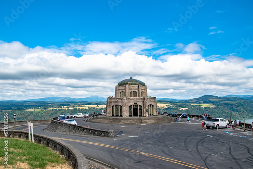 The Vista House and Parking Lot in the Columbia River Gorge in Oregon