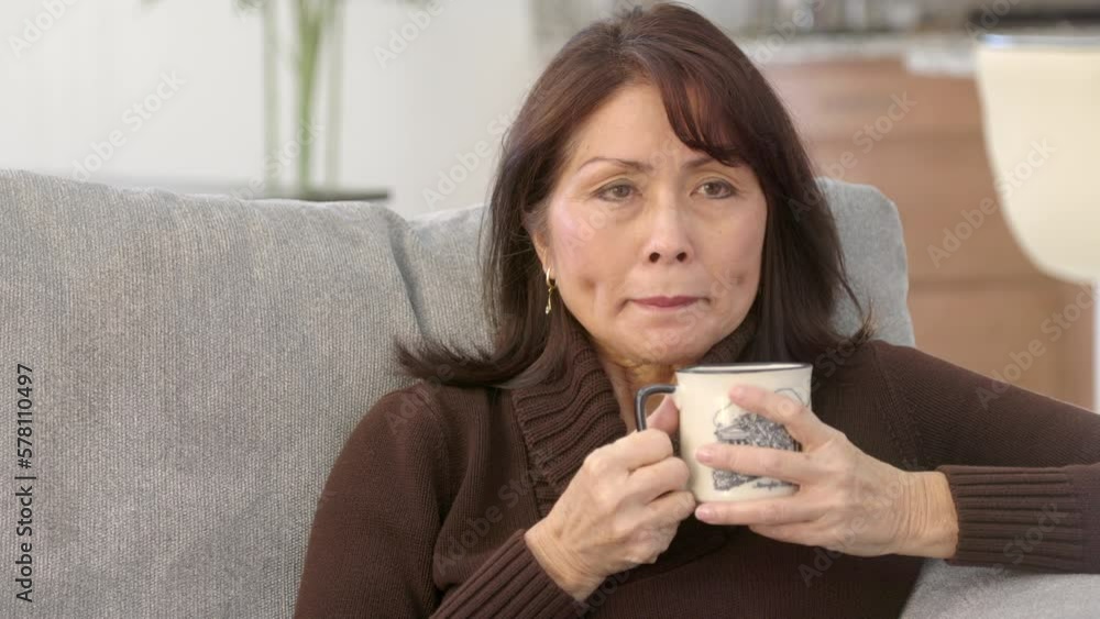 Attractive stylish woman brown sweater relaxing drinking morning coffee holding hot cup with both hands, looking at television sitting on sofa in home living room. Female enjoying entertainment. Attractive stylish woman brown sweater relaxing drinking morning coffee holding hot cup with both hands, looking at television sitting on sofa in home living room. Female enjoying entertainment.