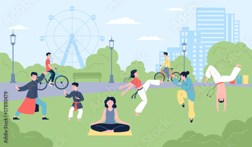 People training sport in city park. Stretch and bicycle, active exercise and meditation. Outdoor fitness for adult and young. Rest on nature recent vector scene