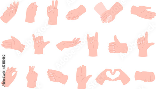 Various hands poses show direction, hand touch, handshakes. Finger different gestures, push and counting. Perfect different human palms racy vector set