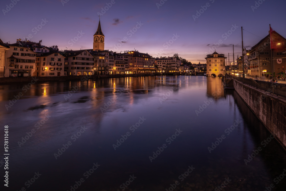 View from the Munster bridge in Zurich over the Limmat river in the evening