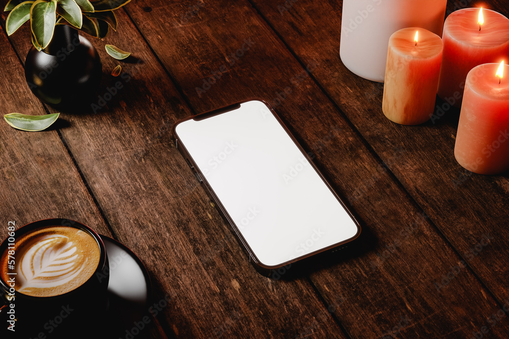 3D rendering of modern smartphone with blank screen placed on wooden table 3D rendering of modern smartphone with blank screen placed on wooden table
