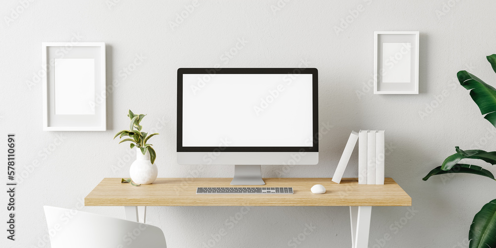 3D render of modern computer with blank mock up screen on minimal desk 3D render of modern computer with blank mock up screen on minimal desk