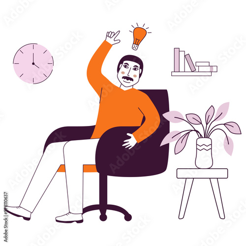  Man shows gesture.Solution of the problem is brainstorming. Man with lightbulb and finger pointing up.Guy thinks of great idea.Character cartoon vector illustration.Isolated on white background.