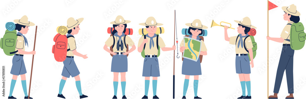 Scouts and ranger group, survival and explorer children team. Hiking on nature, backpackers camping adventures. Resting recent vector characters Scouts and ranger group, survival and explorer children team. Hiking on nature, backpackers camping adventures. Resting recent vector characters