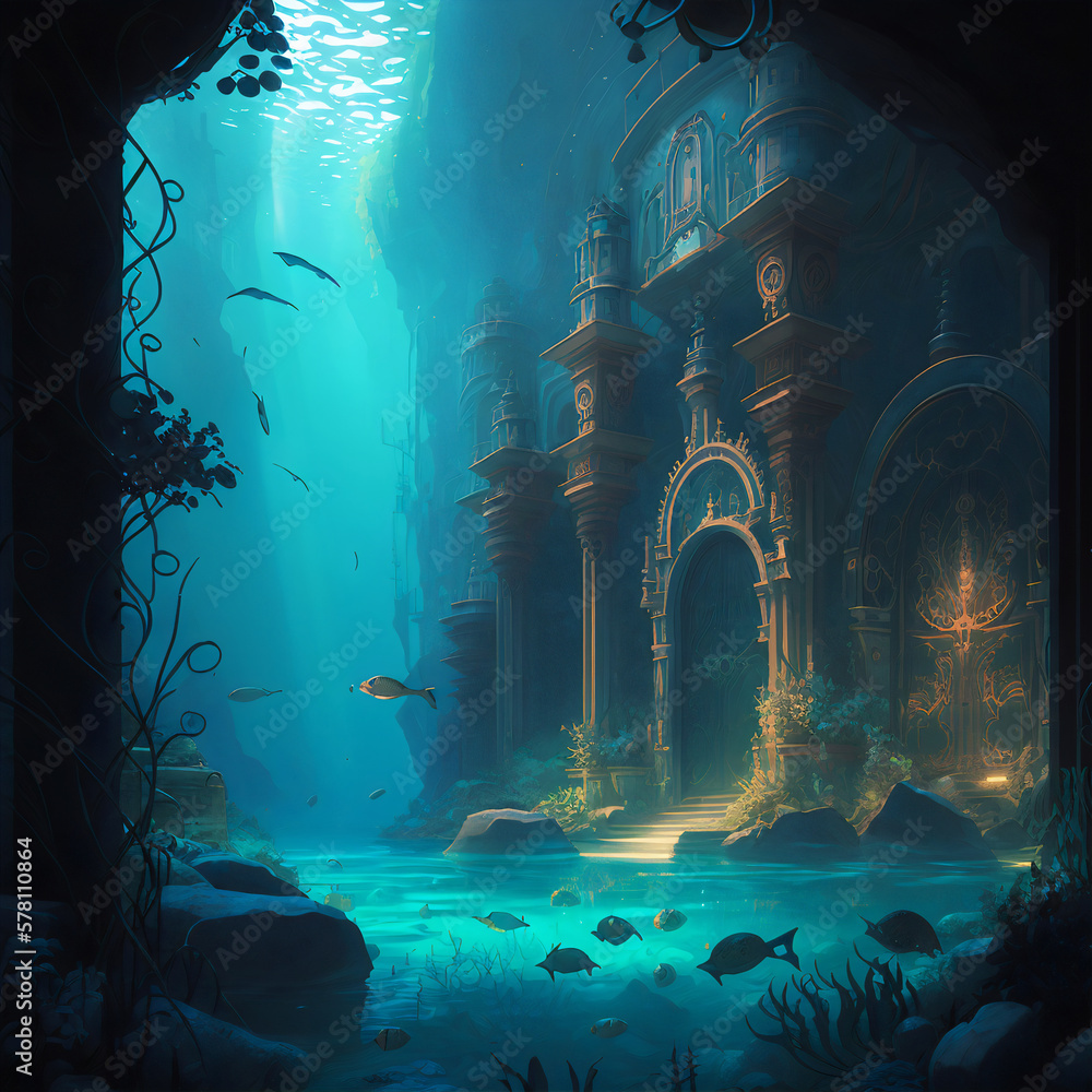 The Lost City of Atlantis: A Digital Painting Depicting its Mysterious Fate. Generative AI