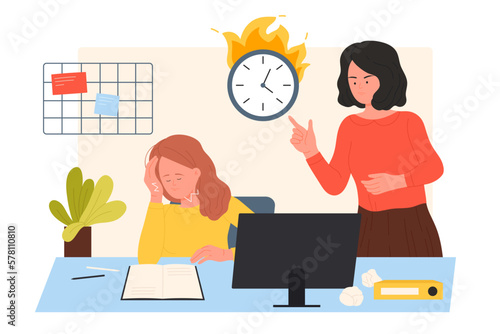 Pressure from angry boss to employee vector illustration. Cartoon female manager and leader pointing at office clock on fire, deadline, stress and professional productivity problem of tired woman