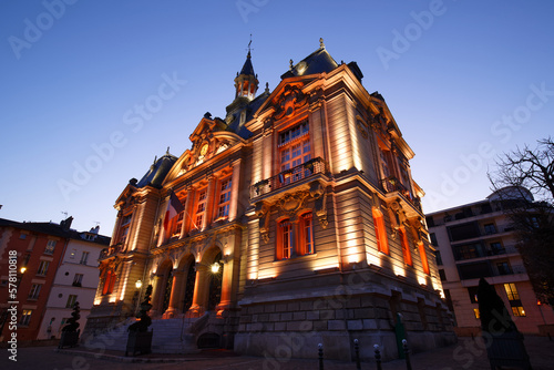 Suresnes town hall night view . It is a French municipality of the department Hauts-de-Seine in the region Ile-de-France.
