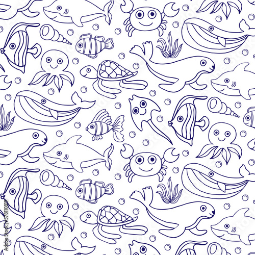 Seamless pattern with cute undersea inhabitants. Creative childish background. Perfect for kids apparel  fabric  textile  nursery decoration wrapping paper.Vector Illustration