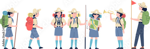 Scouts and ranger group, survival and explorer children team. Hiking on nature, backpackers camping adventures. Resting recent vector characters